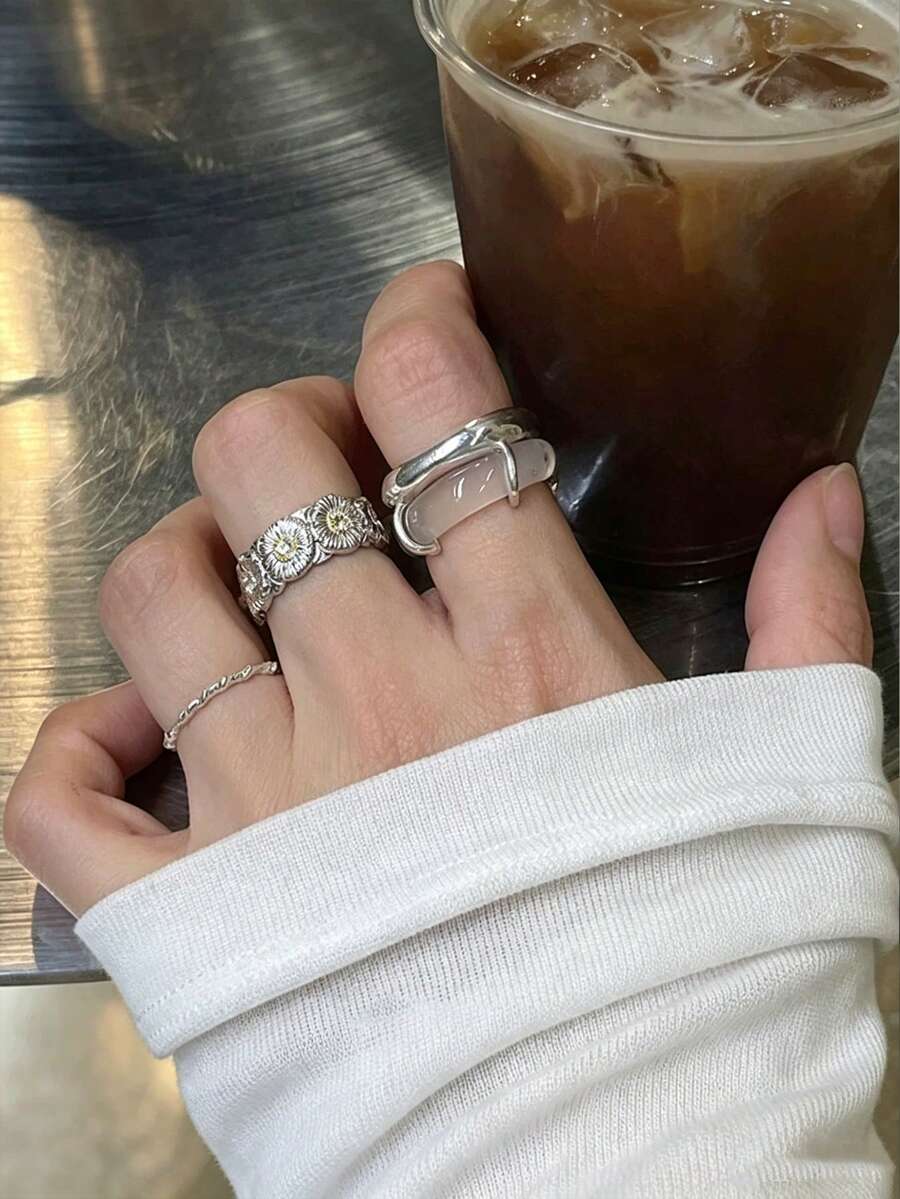 1pc Vintage Minimalist Natural Translucent White Agate Faux Chalcedony Ring, Unique Double-Layer Design, High-End Index Finger Ring, Elegant Versatile Couple Jewelry - Silver - View 1