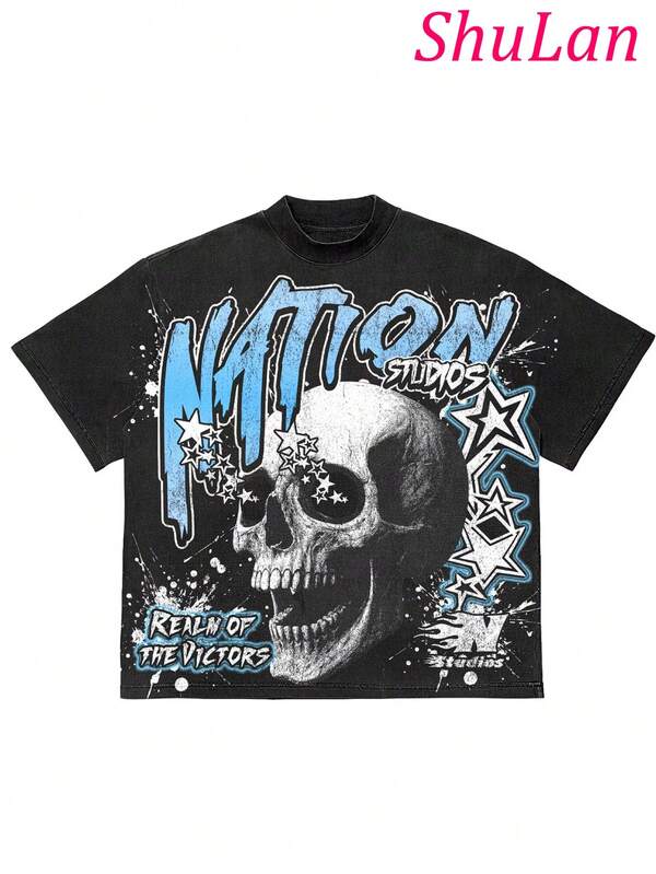 Y2K Hip-Hop Men's Vintage Skull Star Graphic Tee Streetwear  Men Summer Casual Fashion Men Clothes Top