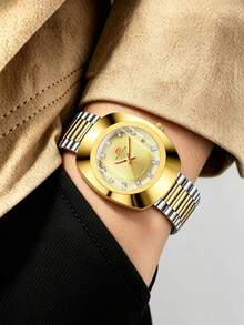 VA VA VOOM Brand Men's Quartz Watch, Luxury Gold Stainless Steel Band, 40mm Oval Dial With Rhinestone Markers, Original Timekeeping And Date Function, Business Style, Fashionable And Versatile, Suitable For Work, Party, School And Other Occasions, Men's Holiday Gift Wristwatch - Gold - View 8