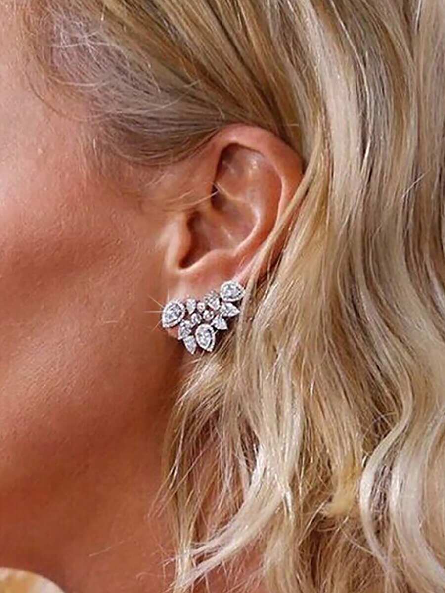 1pair Sparkly Leaf Stud Earrings With Cubic Zirconia, Elegant Jewelry For Women, Perfect For Wedding, Engagement, Anniversary Party & Daily Outfit - White - View 1