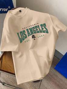 Men's White Woven Fabric T-Shirt With Los Angeles Graphic Print, Short Sleeves And Crew Neck, Regular Fit - 卡其色 - 查看 1