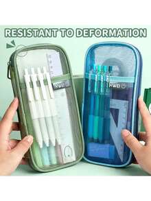 1pc Minimalist Oval Mesh Pencil Case, Large Capacity Wide Mouth Stationery Storage Bag, Durable Zipper Pouch, Suitable For School, Office And Travel School Supplies - Multicolor - View 2