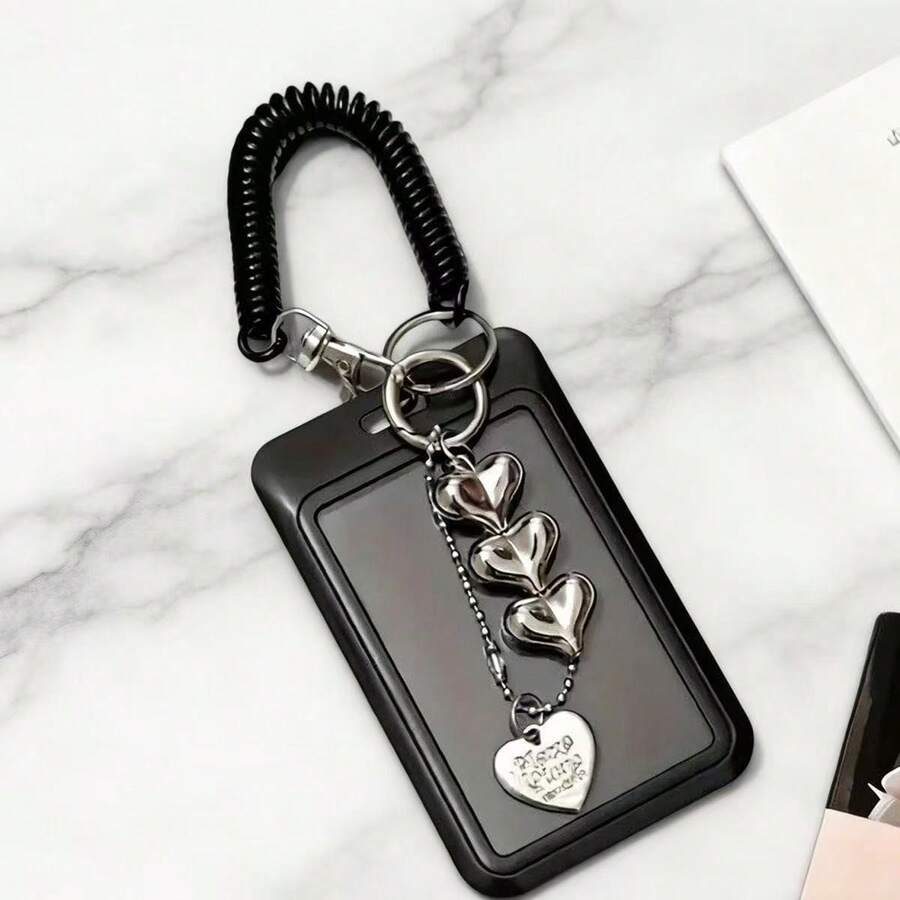 1pc Card Holder With Keychain - Cute And Practical Plastic Design, Suitable For Storing ID Cards, Credit Cards And Keys - Black And White Heart Pendant, Durable And Fashionable Women's Accessory - Heart-shaped Pendant + Spring + Card Holder - View 1