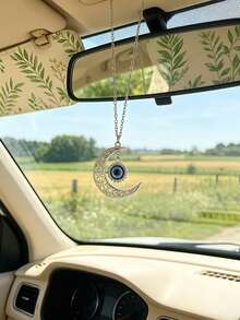 1PC Metal Blue Eye Car Hanging Ornament - Crescent Moon Shaped Exquisite Design Car Rearview Mirror Decoration, Fashionable And Durable Car Interior Accessory - A - View 3