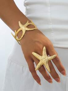 Set Gelang dan Cincin Bintang Laut Bertekstur Logam Gaya Pulau Eropa dan Amerika, Aksesori Pakaian Pantai dengan Suasana Laut - Yellow Gold - View 17