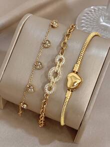 Simple Elegant Heart Pendant Chain Bracelet For Women Golden Chain Bracelet Sets For Travel Valentine'S Day Birthday Music Festival Jewelry Gifts - Multicolor - View 8