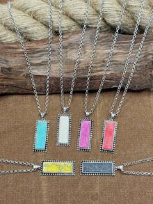 1 Set / Western Vintage Style Jewelry Set, 1 Pair Rectangular Faux Turquoise Earrings And Double Layer Necklace, Rugged And Eye-Catching Overall Style, Full Of American Western Wilderness Texture, Highly Compatible With Cowboy Style, American Vintage Hot Girl Style, And Western Cargo Style Style. - Bohemian Style - View 3