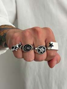 4pcs/Set Punk Hip Hop Star Ring Set For Men, Daily Wear, Party, Music Festival - Silver - View 1