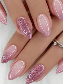 24 Peças Conjunto de Unhas Postiças Reutilizáveis em Formato de Amêndoa Curta, Degradê Rosa Nude com Glitter, Inclui Cola para Unhas, Abas Adesivas e Lixa de Unhas, Adequado para Mulheres, Perfeito para Férias, Festa, Presente GDY2402 - Multicolorido - Visão 1