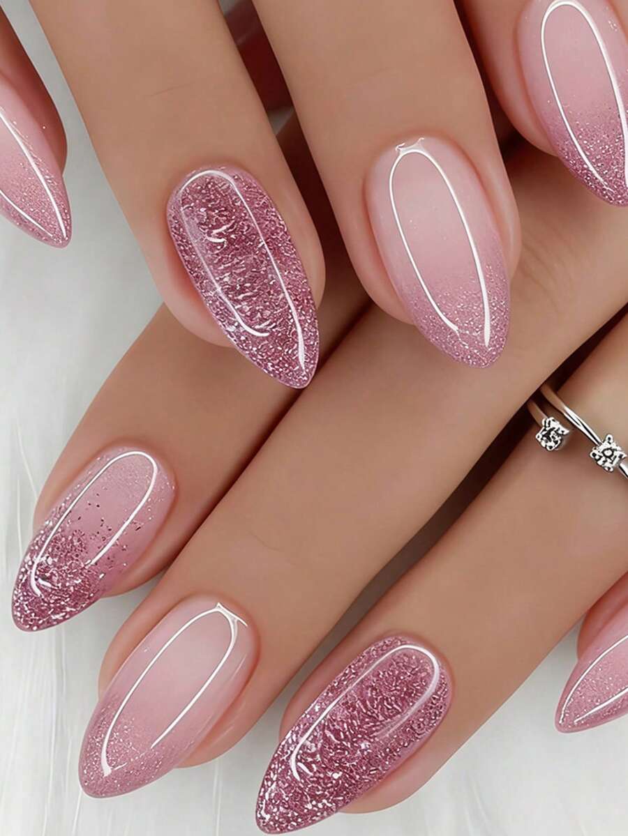 24 Peças Conjunto de Unhas Postiças Reutilizáveis em Formato de Amêndoa Curta, Degradê Rosa Nude com Glitter, Inclui Cola para Unhas, Abas Adesivas e Lixa de Unhas, Adequado para Mulheres, Perfeito para Férias, Festa, Presente GDY2402 - Multicolorido - Visão 1