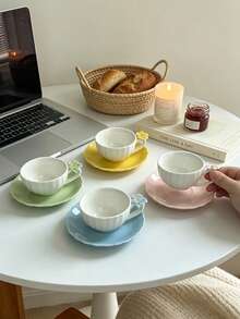 6pcs/1pc 90ml 3D Floral Ceramic Coffee Cup & Saucer Set, Microwave And Dishwasher , Suitable For Espresso And Arabic Coffee, Saudi Style Coffee Cup, Perfect For Afternoon Tea, Cafe And Kitchen, Ideal Gift - Multicolor - View 2