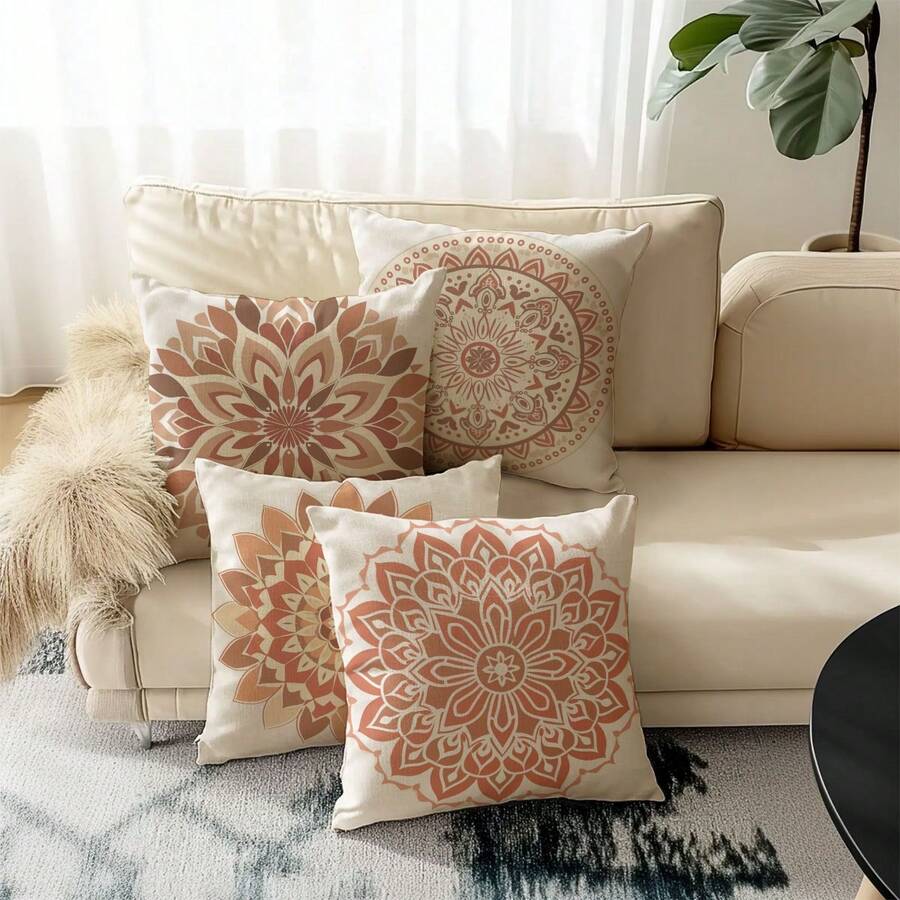 4pcs,Decorative Throw Pillow Covers,Mandala Pattern Cushion Covers,Polyester Fiber Cushion Covers,Hidden Zipper Closure,Machine Washable,Simple Fashion Line Pattern,Home Decorative Throw Pillow Covers,Sofa Living Room Bedroom Throw Pillow Covers,No Pillow Insert - Multicolor - View 1