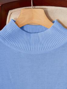 [Tops]BuyK Plus Size Women's Elegant High Neck Short Sleeve Knit Top, Soft Fabric, Classic Versatile, Suitable For Multiple Occasions Summer - Sky Blue 1 - View 7