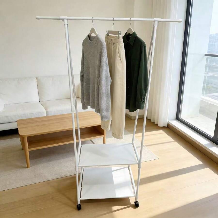 Yi Youyuan Bedroom A-Frame Floor Clothing Rack With Wheels, Movable, Double-Layer Storage + Side Hanging Accessories, Hollow Hanging Rod Storage Rack - White - View 1