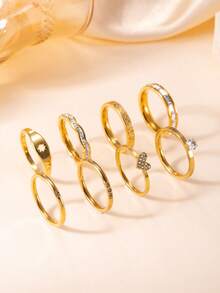 8pcs Fashionable Luxury Geometric Square Rhinestone & Heart 18k Stainless Steel Rings, Suitable For Women's Daily Or Party Wear - Ring Set - View 5