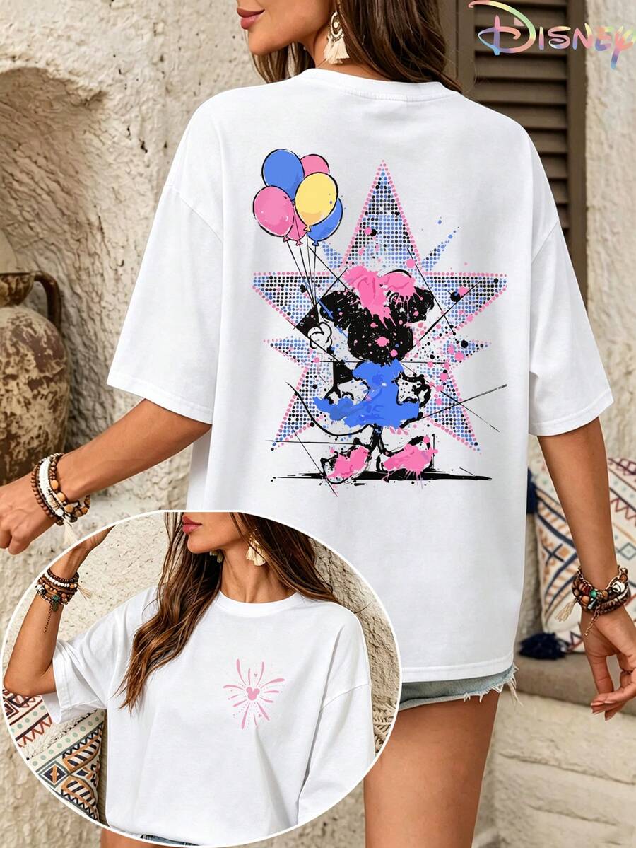 Women's Oversized White T-Shirt, Disney Minnie Mouse Graffiti Star Balloon Double-Sided Graphic Print, Crew Neck Short Sleeve Casual Tee - White - View 1