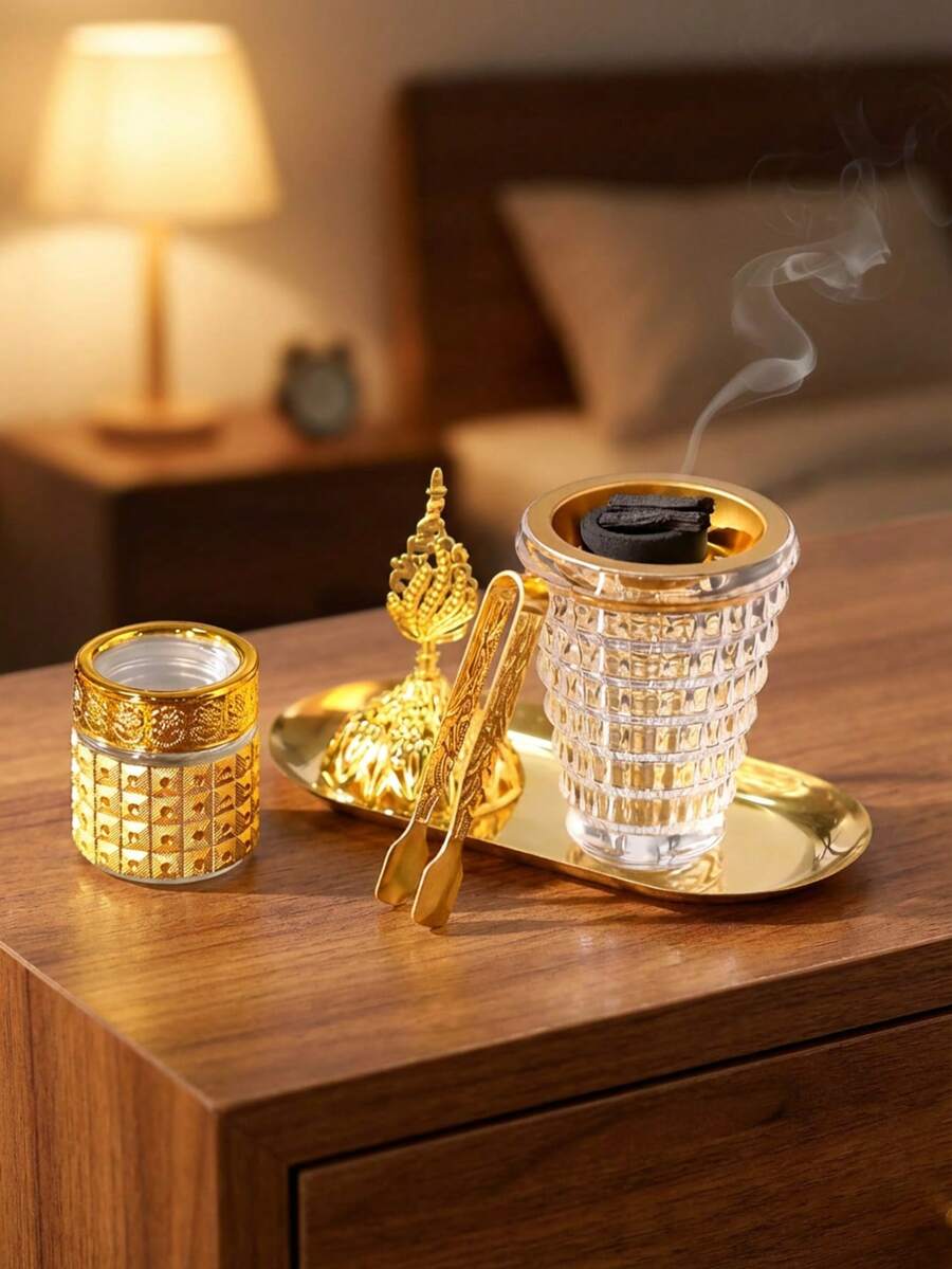 1pc Plaid Glass Lined Gold Incense Burner. Modern Luxury Fragrance Diffuser. Glass Teacup Shaped Incense Holder. Suitable For Home Decor, Patio, Balcony, Outdoor Space, Indoor Tabletop, Windowsill, Homestay, Cafe, Etc.