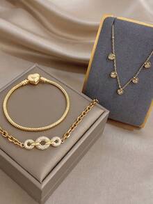 Simple Elegant Heart Pendant Chain Bracelet For Women Golden Chain Bracelet Sets For Travel Valentine'S Day Birthday Music Festival Jewelry Gifts - Multicolor - View 2
