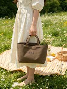 Tas Tote Kanvas Minimalis Kasual dengan Motif Huruf, Tas Tangan Warna Polos, Gaya Serbaguna dengan Kualitas dan Harga Terjangkau, Cocok untuk Ibu dengan Anak, Pelajar, dan Profesional Kantoran - Dark Grey - View 6