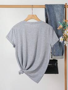 Elegant Watercolor Floral Print T-Shirt + Short Sleeves + Round Neck + Casual Spring And Summer Clothing For Women - 淺灰色 - 查看 2