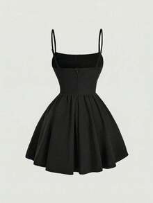 MOD Vestido mini con tirantes de espagueti y adorno de encaje en la cintura, color vino tinto vintage - Negro - Ver 3