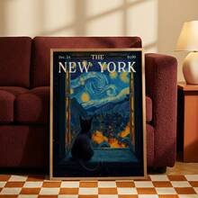 1pc Frameless Van Gogh Starry Night Cat New York Magazine Wall Art - Dreamy Window Print Canvas Poster, Hallway Above Door Decor For Bedroom, Apartment, Dorm, Living Room, Room Decor Bedroom, Deko,Prints For Wall, Vintage Decor & Best Gift Choice - Cartoon - View 4