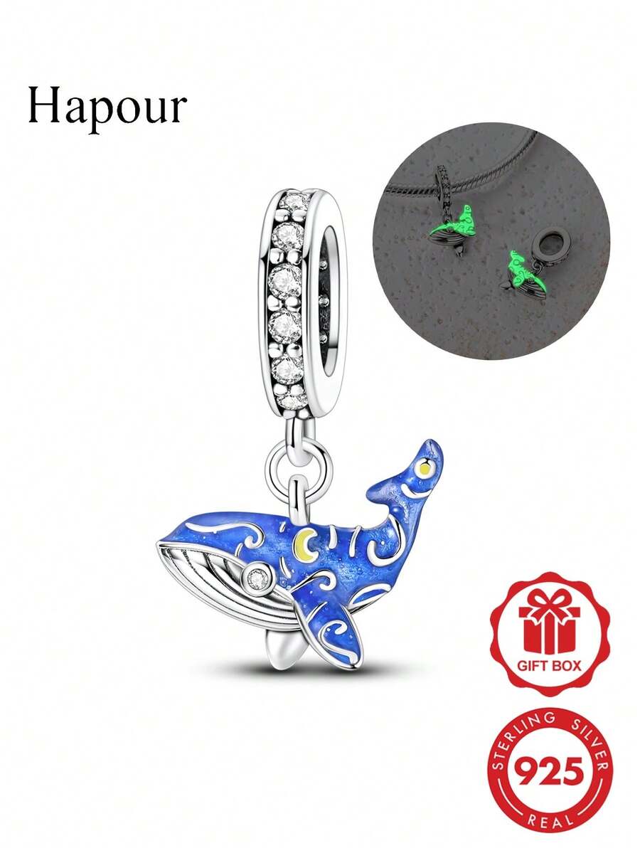 原裝 925 純銀發光鯨魚吊墜,星空琺瑯亮面鑲嵌立方鋯石,附禮品盒,優雅女性珠寶禮物 - 銀色 - 查看 1