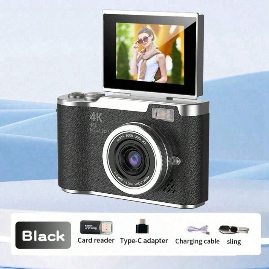 Cámara digital compacta con zoom óptico 18X y 48MP, enfoque automático, video 4K, detección de rostros, pantalla giratoria de 2.4", batería recargable