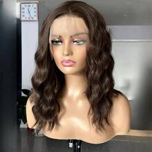 13X4 Chocolate Brown Short Curly Wavy Synthetic Hair Band Frontal Seamless Wig For Women Shoulder Length Deep Wave Brown Bob Wig, Halloween - Multicolor - View 14