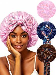 CONFLASS 1pc Women's Pink Printed Satin Sleep Bonnet With Long Ties, Butterfly & Floral Print, Elastic Wide Band Hair Wrap, Suitable For Sleep And Styling, Anti-Frizz, Fits Long Braids And Dreadlocks - Multicolor - View 6