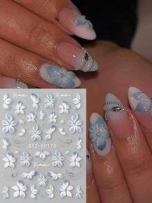 2pcs/Pack 5D Jelly Texture Hibiscus Petal Spring Nail Stickers, Embossed Blue & White 5-Petal Flower Line French Nail Art Decals, Soft Carving DIY Wedding Nail Supplies, Valentine's Day Nail Decoration - Multicolor - View 4
