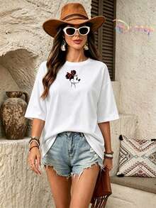 Women's Oversized White T-Shirt, Disney Minnie Mouse Double-Sided Signature Graphic Print, Crew Neck Short Sleeve Casual Tee - White - View 6