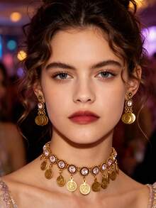Bohemian Vintage Gold Colorful Crystal Jewelry Set, Sunflower Drop Earrings & Choker Necklace For Party - Round - View 3