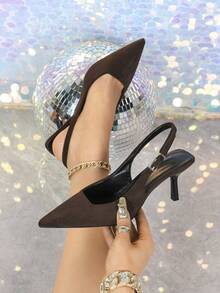 Women's Black 4cm Kitten Heel Slingback Pumps, Slip-On Open-Back Stiletto Party Dress Shoes - Brown - View 2
