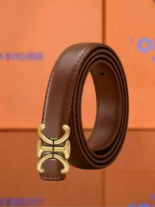 1pc Women Retro Double Arc Interlock Gold Metal Buckle Belt, Smooth Slim PU Waist Strap, Versatile Accessory For Jeans Dresses Daily Outfits - Multicolor - View 11
