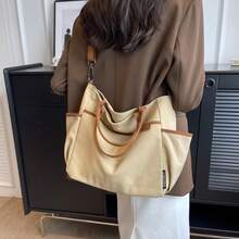 Shopping Bag With Contrast Trim, Casual Multi-Pocket Bag For Graduates, Teenage Girls, Freshmen, - 卡其色 - 查看 3