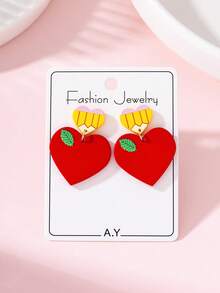 1 Pair Teacher's Day Heart Pencil Apple Lacquer Faux Soft Clay Texture Design Women's Fashion Jewelry Earrings, Suitable As Gifts For Teachers And Students - Multicolor - View 1