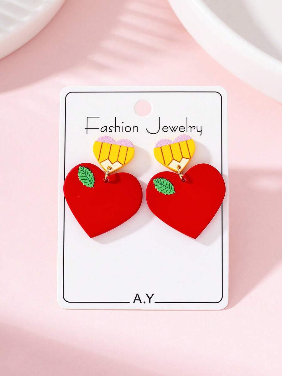 1 Pair Teacher's Day Heart Pencil Apple Lacquer Faux Soft Clay Texture Design Women's Fashion Jewelry Earrings, Suitable As Gifts For Teachers And Students - Multicolor - View 1