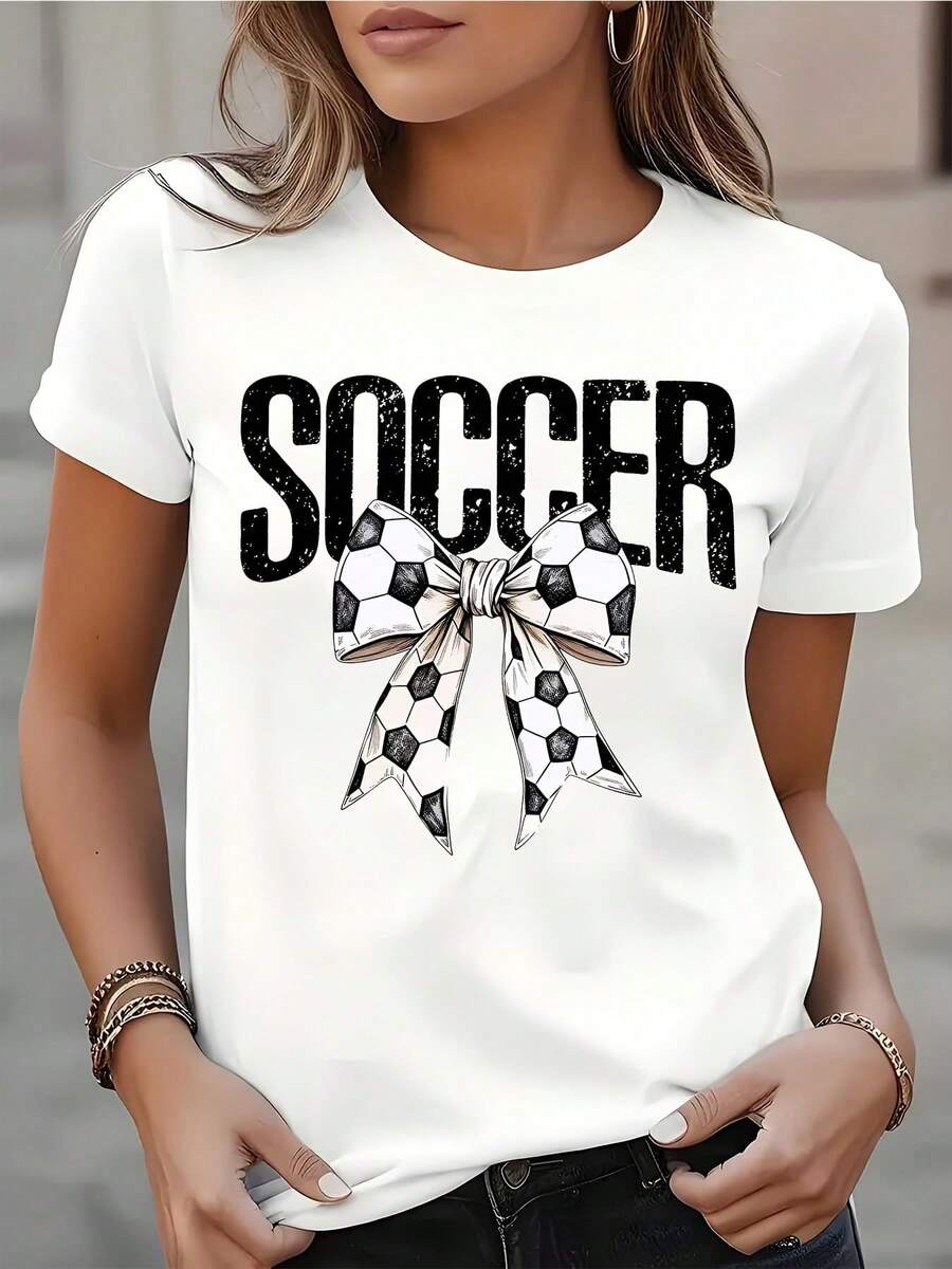 Women's Short-Sleeved T-Shirt With A Round Neck And Soccer Ball Print, Ideal For Sports Fans And Casual Wear, Perfect For Soccer Season, Comfortable Fabric, And - 白色 - 查看 1