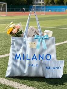 「Milan」字母印花復古條紋帆布托特包,附緞帶,化妝包,女款大容量條紋單肩包,可重複使用購物袋,休閒手提包,文具袋,學生鉛筆盒,內部寬敞輕巧耐用,適用於旅行、工作、上學、海灘、買菜、購物、週末出遊,開口設計方便使用,可水洗托特包,適合女性、媽媽、女孩的完美禮物,畢節紀念品,教師節禮物,節日、開學、生日、開學季、畢業季 - 彩色 - 查看 9