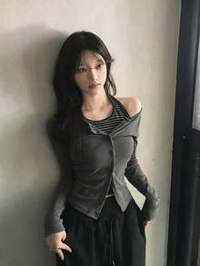 Atasan Kaos Lengan Panjang Bergaris Model Camisole Berlapis Vintage Musim Gugur 2026 untuk Wanita - Dark Grey - View 4