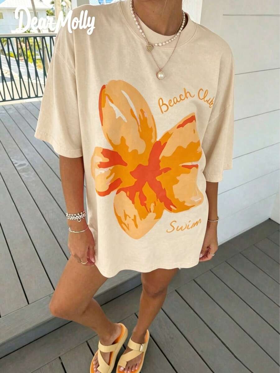 Tops Women Summer DEAR MOLLY Beach Club Swim Hibiscus Print T-Shirt,Casual Loose Round Neck Drop ShoulderShort SleeveTee,Daily Wear,&ComfortableY2k - 杏色 - 查看 1