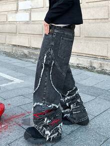 Infinite Jeans 1pc American Street Style Men's Frayed Patchwork Embroidered Loose Wide Leg Comfortable All-Season Versatile Streetwear Denim Long Pants (Product Does Not Include Belt And Accessories) - Black - View 6