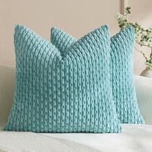 1pc/2pcs Bohemian Striped Throw Pillow Cover (Pillow Insert Not Included), Soft Plush Corduroy Solid Color Decorative Square Pillow Case, Suitable For Holiday, Sofa, Bedroom, Bed, All Seasons Use. - Mint Blue - View 8