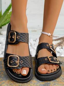 Zapatillas planas cómodas de mujer con punta abierta y suela gruesa para uso diario, zapatos básicos de vacaciones, zapatos casuales, zapatos de playa, material PU/cuero artificial - Negro - Ver 3