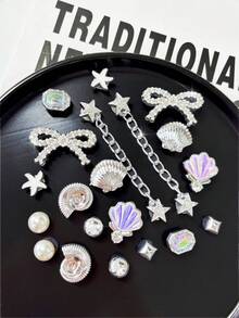 20pcs Silver Ocean Series Shoe Charms, Shell, Starfish, Bow DIY Accessories, Charm Set For Perforated Slippers - Silver Seashell - View 4
