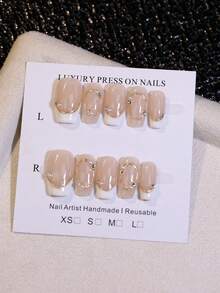10pcs Nude White French Tip Handmade Press On Nails Luxury Gold Trim & Pearl Rhinestone Decor Coffin Short False Nails Bridal Nail Art For Women Reusable Fake Nail Tips - White - View 12