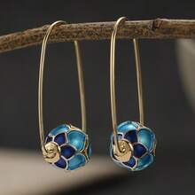 Luxury Enamel Lotus Long Earrings For Women, Deep Blue Glazed 3D Flower, Daily Vacation Party Atmosphere Accessory - Multicolor - View 4