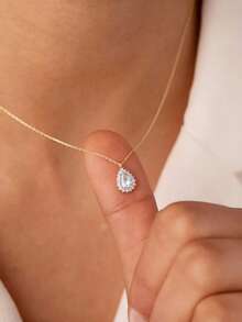 A4445 1pc Exquisite Water Drop Zirconia Pendant Necklace, Women's Minimalist Jewelry Gift - Yellow Gold - View 1
