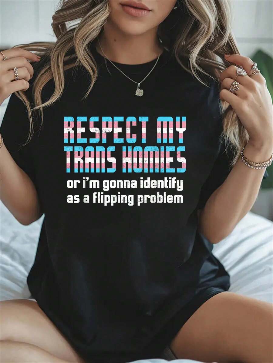 100% Cotton Transgender Respect My Trans Homies LGBTQ Gay Pride Equality T-Shirt Women's Men's Graphic Tee,Casual Short Sleeve Shirt - 黑色 - 查看 1
